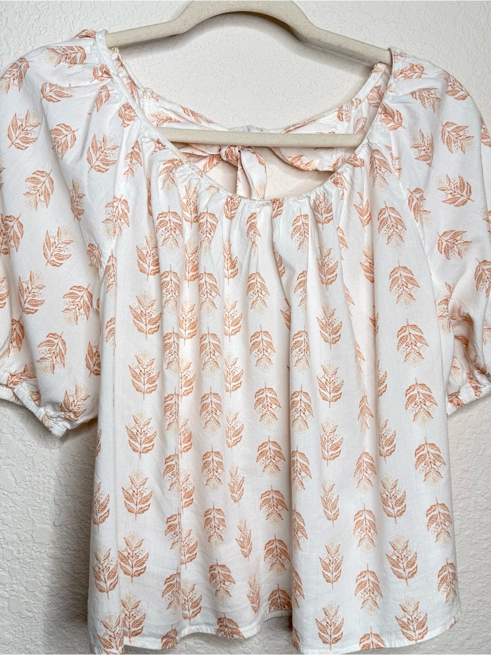 Old Navy White & Orange Leaf Print Cotton Blend Puff Sleeve Blouse Size M